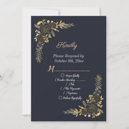 Romantische gouden Floral Navy Blue RSVP kaart