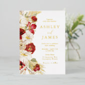 Romantische Gouden Folie Bloemen Rode Rozen Huweli Folie Uitnodiging (Staand Voorkant)