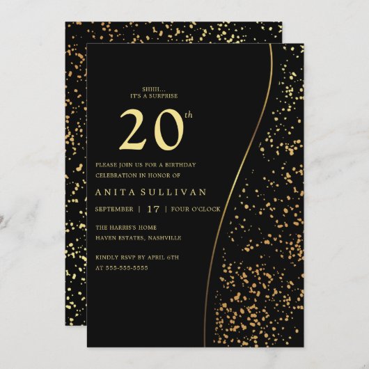 Romantische Gouden Glitter Twintigste Zwarte Verja Kaart (Voorkant / Achterkant)