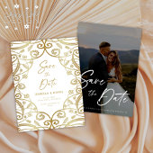 Romantische gouden glitters bloemrijke kant trouwf save the date