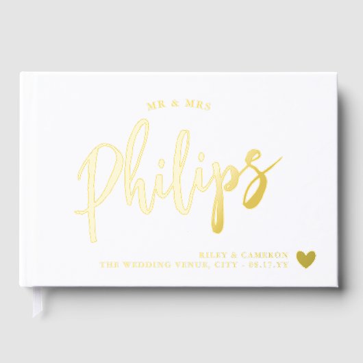 Romantische gouden hart achternaam in script bruil gastenboek (Voorkant)