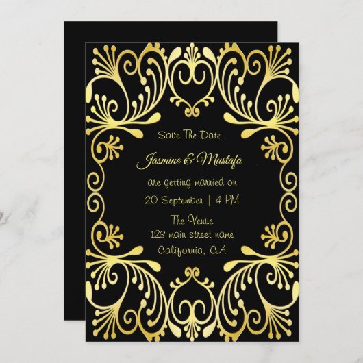 Romantische gouden islamitische huwelijksuitnodigi kaart (Voorkant / Achterkant)
