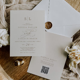 Romantische gouden ivoorkleurige monogram QR-code Kaart