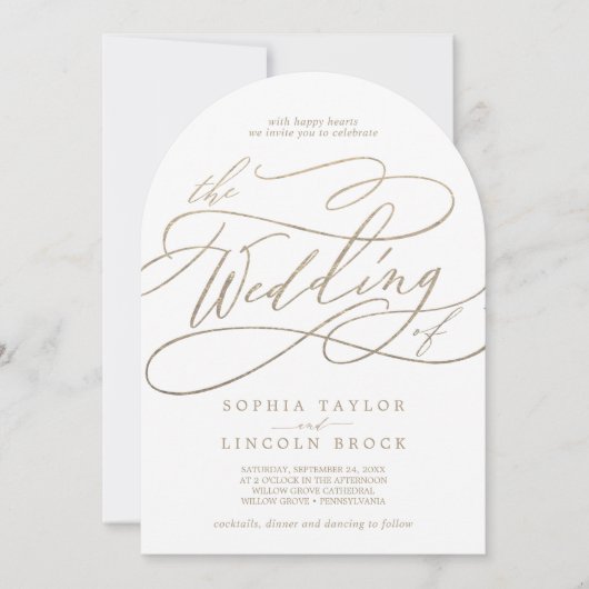 Romantische gouden kalligrafie bloeiende boog brui kaart (Voorkant)