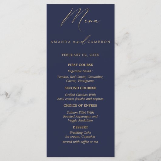 Romantische Gouden Kalligrafie Marine Blauwe Huwel Menu (Voorkant)