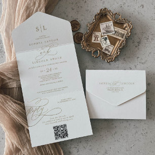 Romantische gouden kalligrafie monogram QR-code br All In One Uitnodiging
