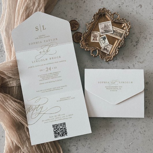 Romantische gouden kalligrafie monogram QR-code br All In One Uitnodiging