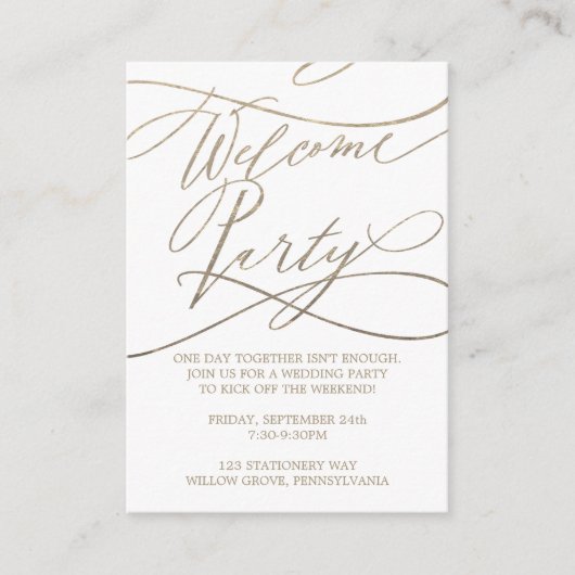 Romantische gouden kalligrafie welkomstfeest informatiekaartje (Voorkant)