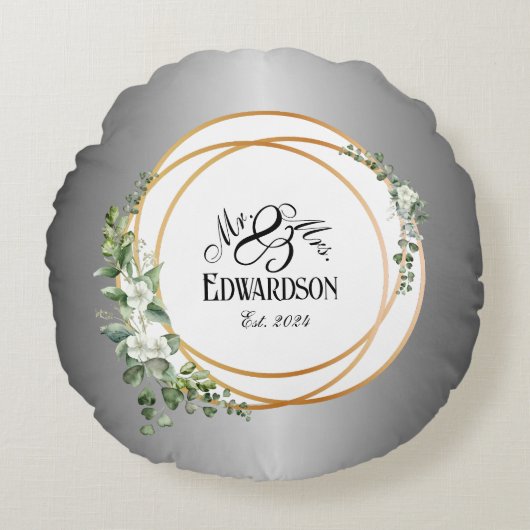 Romantische Gouden Ringen & Bloemige Jubileum Rond Kussen (Voorkant)