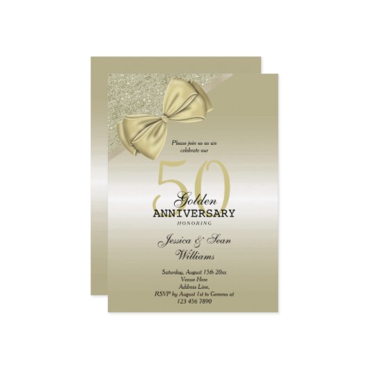 Romantische Gouden Strik & Glitters 50ste Huwelijk Kaart (Voorkant / Achterkant in situ)