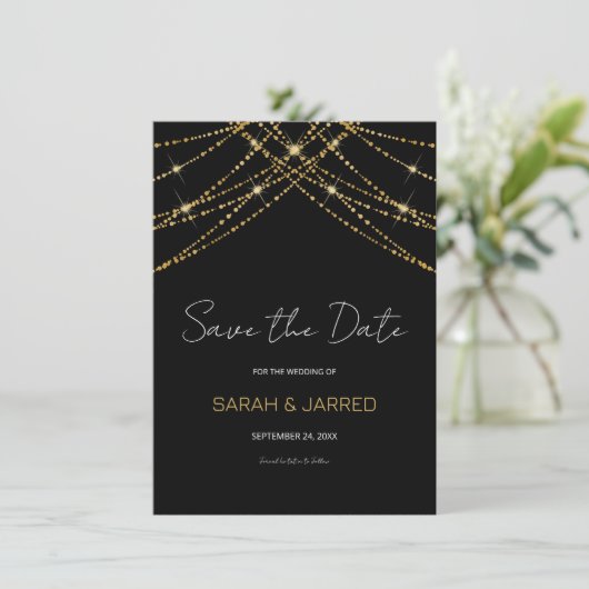Romantische gouden string bruiloft save the date (Staand voorkant)