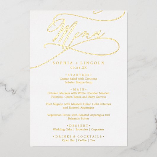 Romantische goudfolie Fancy Elegant Trouwmenu Folie Uitnodiging (Voorkant)