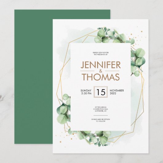 Romantische goudfolie van de eucalyptusbruiloft kaart (Voorkant / Achterkant)