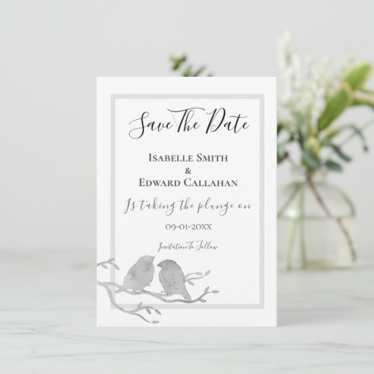 Romantische grijze Waterverf vogels op bijhuwelijk Save The Date (Staand voorkant)