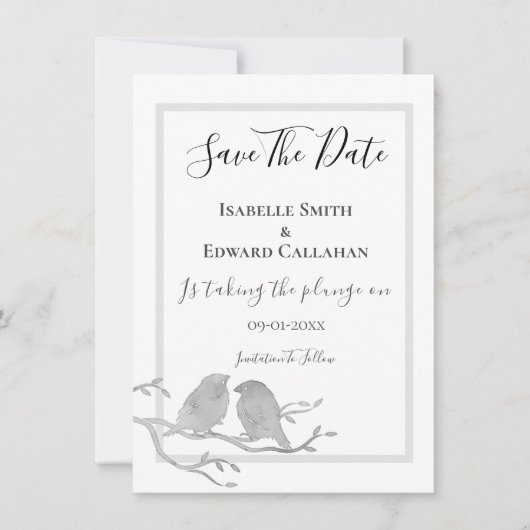 Romantische grijze Waterverf vogels op bijhuwelijk Save The Date (Voorkant)