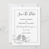 Romantische Grijze Waterverf Vogels Op Tak Bruilof Save The Date (Voorkant)