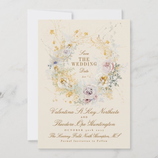 Romantische grillige botanische krans trouwfoto save the date (Voorkant)