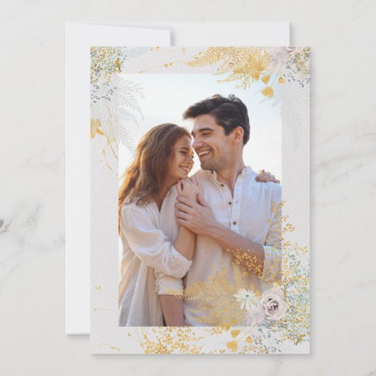 Romantische grillige botanische krans trouwfoto save the date (Achterkant)