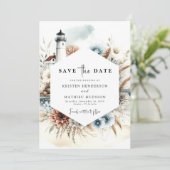 Romantische grillige typografie vuurtoren bruiloft save the date (Staand voorkant)