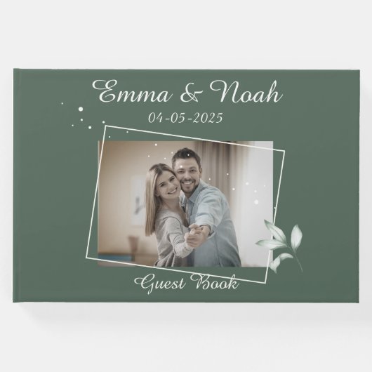 Romantische groene bladeren bruiloft foto gastenboek (Voorkant)