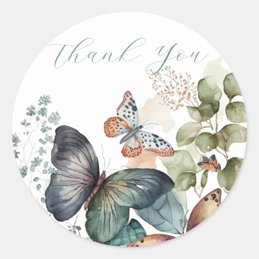 Romantische groene bloemen en vlinder dank u ronde sticker (Voorkant)