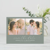 Romantische groene fotocollage save the date (Staand voorkant)