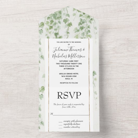 Romantische groene klimop bruiloft all in one uitnodiging (Binnen)