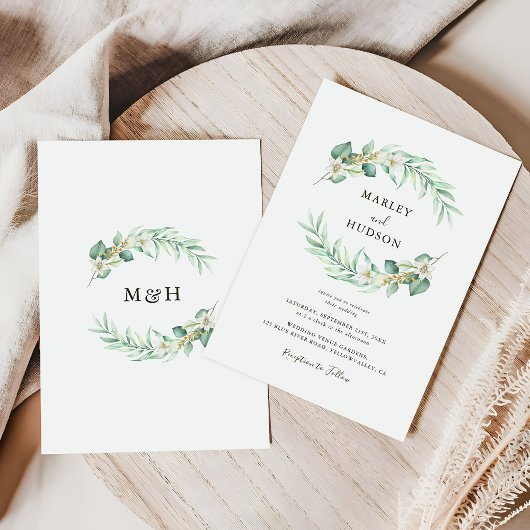 Romantische groene krans monogram bruiloft kaart