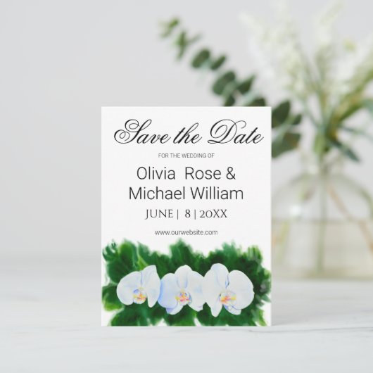 Romantische groene witte waterverf orchideeën save the date (Staand voorkant)