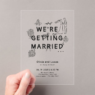 Romantische Hand Getrokken Whimsical Black Wedding Acryl Uitnodigingen