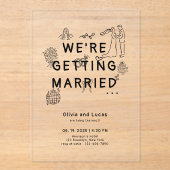 Romantische Hand Getrokken Whimsical Black Wedding Acryl Uitnodigingen (Voorkant)