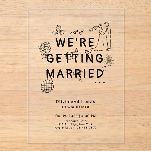 Romantische Hand Getrokken Whimsical Black Wedding Acryl Uitnodigingen (Voorkant)