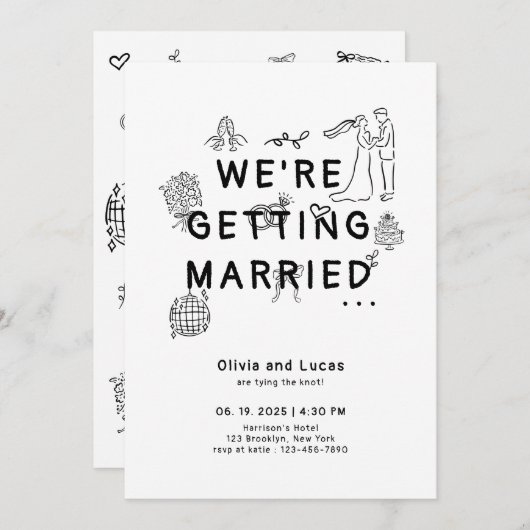 Romantische Hand Getrokken Whimsical Black Wedding Kaart (Voorkant / Achterkant)