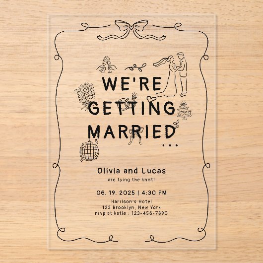 Romantische Hand Getrokken Whimsical Zwart Wit Huw Acryl Uitnodigingen (Voorkant)