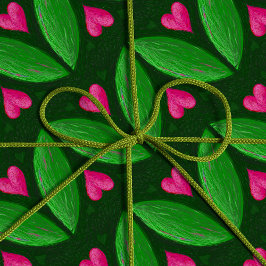 Romantische harten en bladeren - groene en roze kl cadeaupapier
