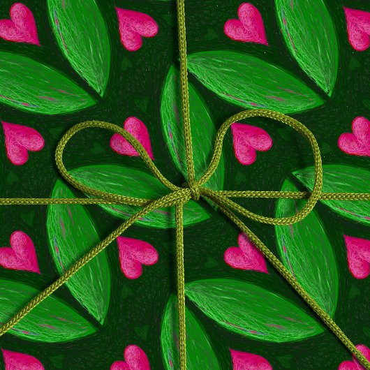 Romantische harten en bladeren - groene en roze kl cadeaupapier