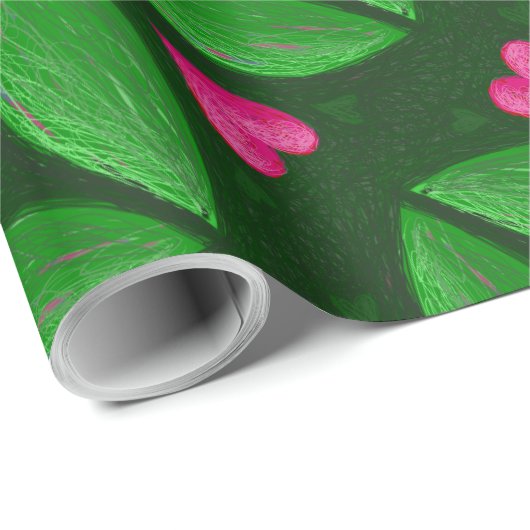 Romantische harten en bladeren - groene en roze kl cadeaupapier (Rol Hoek)