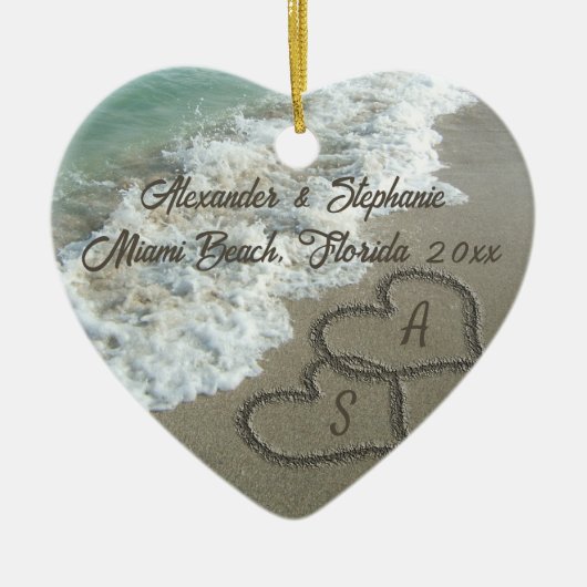 Romantische harten op het strand kerstversiering keramisch ornament (Voorkant)