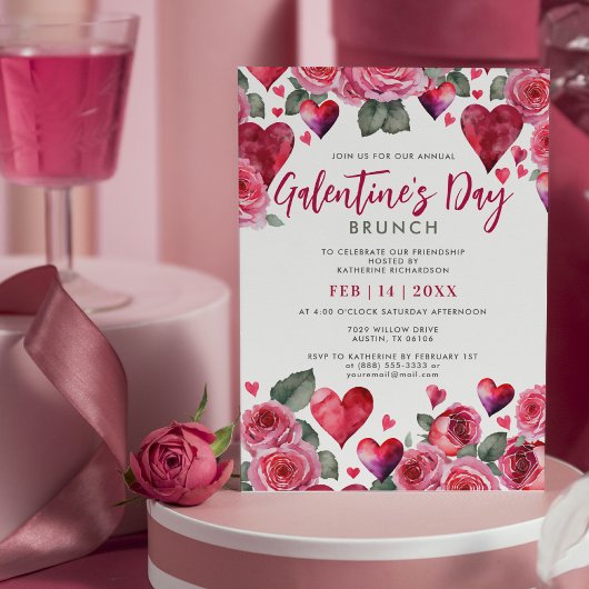 Romantische harten & Rozen Galentine's Day Brunch Kaart