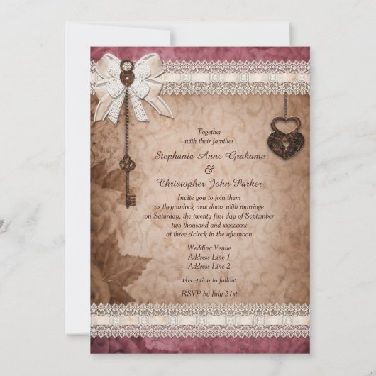 Romantische  Harten Sloten en Sleutels Bruiloft Kaart (Achterkant)