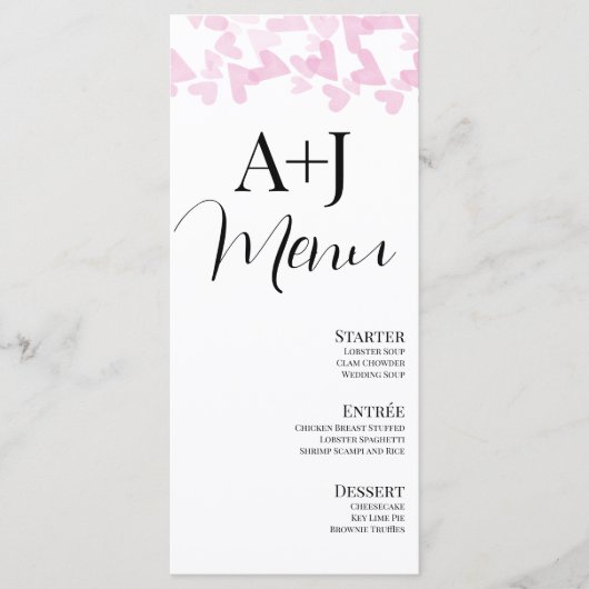 Romantische harten zwevende script roze menu (Voorkant)
