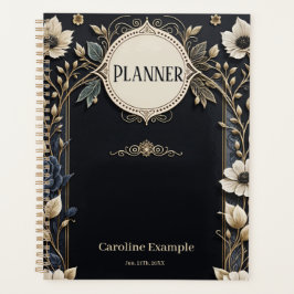 Romantische heldere bloemen op een diepblauwe acht planner