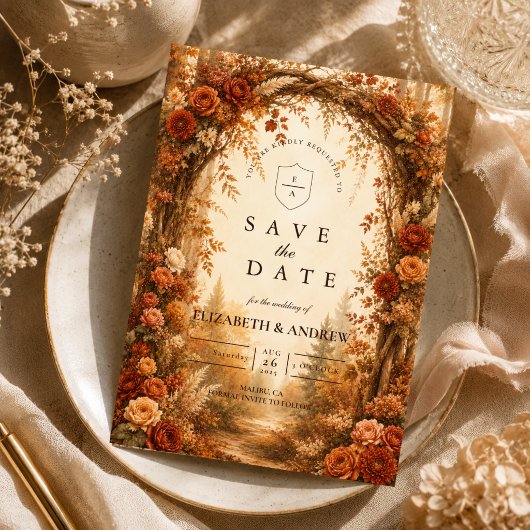 Romantische herfst bos bruiloft save the date