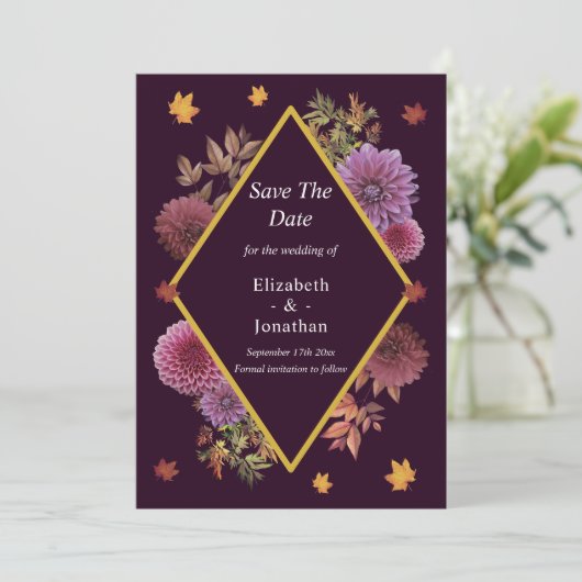 Romantische herfst Dahlia bruiloft Save The Date (Staand voorkant)