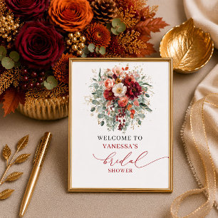 Romantische herfst marsala bloemrijke bruidsdouche poster