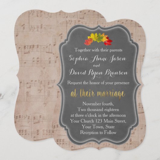 Romantische Herfst Muziekblad Huwelijksuitnodiging Kaart (Voorkant / Achterkant)