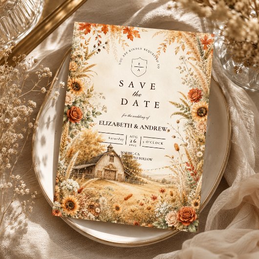 Romantische herfst schuur bruiloft save the date