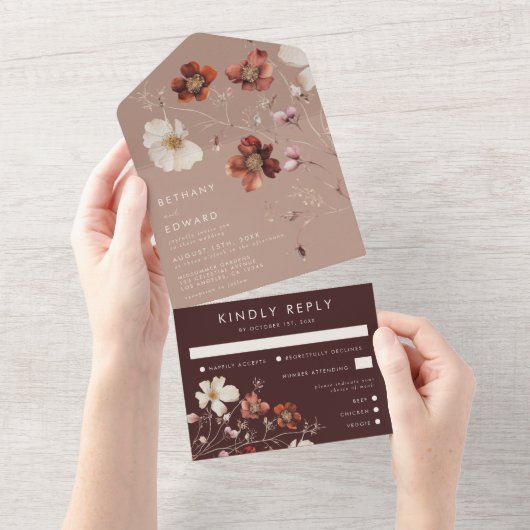 Romantische Herfst Wildflower Wedding All In One Uitnodiging (Afscheurbaar)