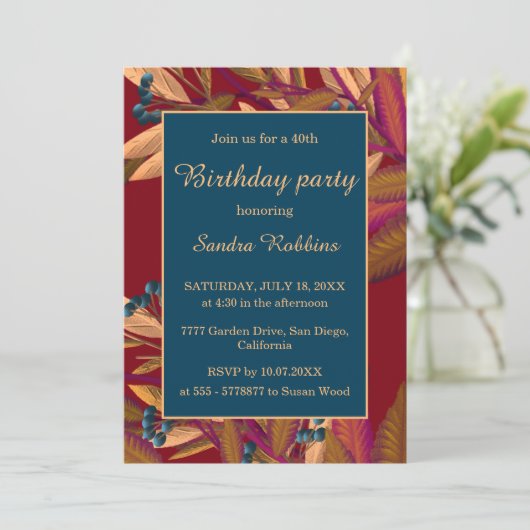 Romantische herfstblauweberrie verjaardagsuitnodig kaart (Staand voorkant)