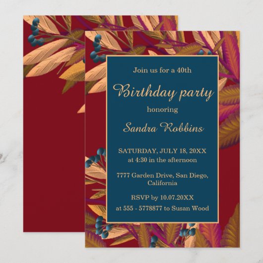 Romantische herfstblauweberrie verjaardagsuitnodig kaart (Voorkant / Achterkant)